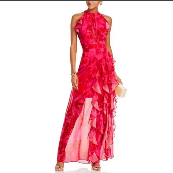 NWT AQUA Ruffle Chiffon Floral Maxi Formal Gown Fushia/Poppy 4 MSRP $258.00 - Picture 2 of 10